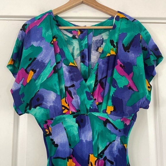 Vintage R.E.O Originals 80s Patterned Midi Dress - 10 - Picture 2 of 6